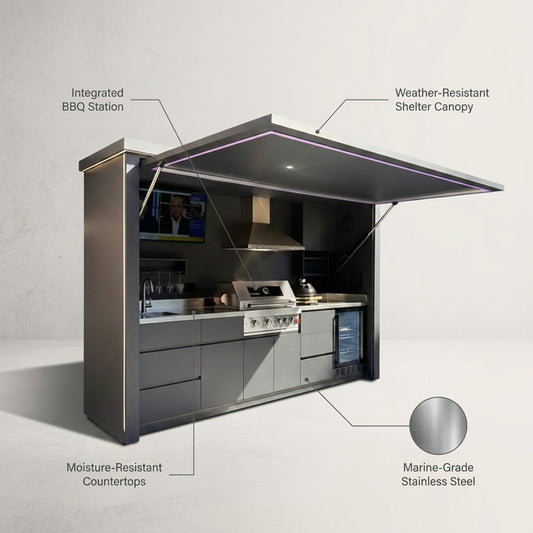 Customized Multi Functional Outdoor Kitchen BBQ Pod with Shelter Moisture Resistant Stainless Steel Outdoor Kitchen Patio Shed — Lifestyle