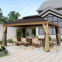 12 Ft. X 16 Ft. Double Roof Hardtop Wood Grain Aluminum Patio Gazebo with Netting and Khaki Curtains