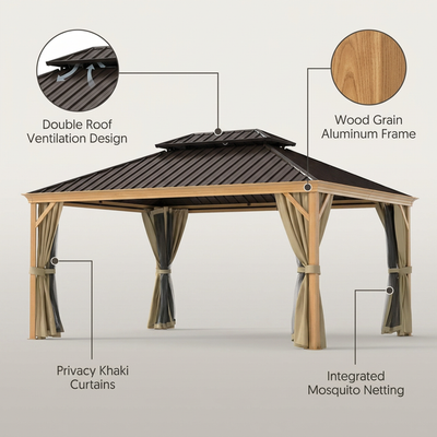 12 Ft. X 16 Ft. Double Roof Hardtop Wood Grain Aluminum Patio Gazebo with Netting and Khaki Curtains