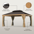 12 Ft. X 16 Ft. Double Roof Hardtop Wood Grain Aluminum Patio Gazebo with Netting and Khaki Curtains