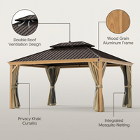 12 Ft. X 16 Ft. Double Roof Hardtop Wood Grain Aluminum Patio Gazebo with Netting and Khaki Curtains — Lifestyle
