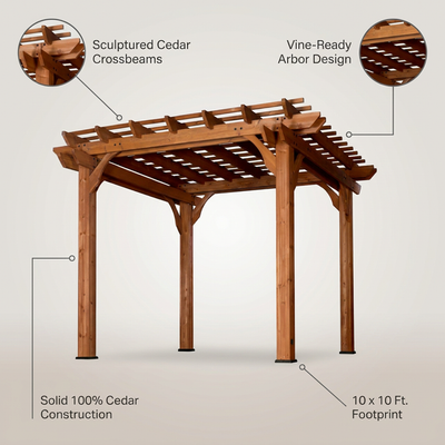 10 Ft. X 10 Ft. Traditional All Cedar Wood Outdoor Patio Pergola Shade Structure