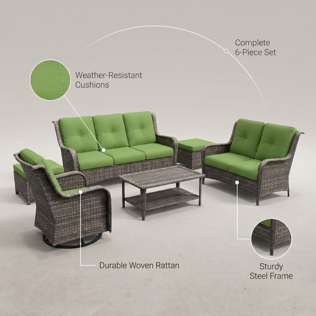 Patio Furniture Set 6-Piece Outdoor Patio Conversation Set with Green Cushions Lawn Furniture — Lifestyle