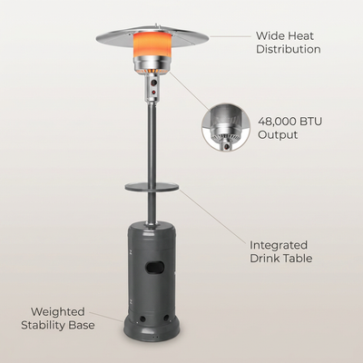 87 In. Tall 48,000 BTU Grey Patio Propane Heater with Table and Cover