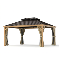 12 Ft. X 16 Ft. Double Roof Hardtop Wood Grain Aluminum Patio Gazebo with Netting and Khaki Curtains — Studio Shot
