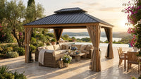 12 Ft. X 16 Ft. Double Roof Hardtop Wood Grain Aluminum Patio Gazebo with Netting and Khaki Curtains — Lifestyle